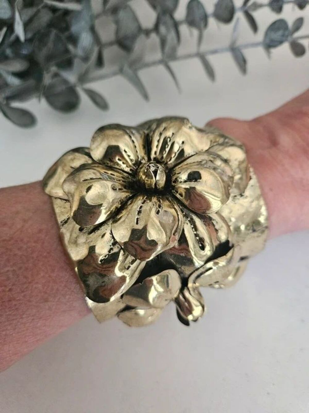 Gold Tone Sculptural Flower Cuff Bracelet Statement Floral Wide Cuff Boho
